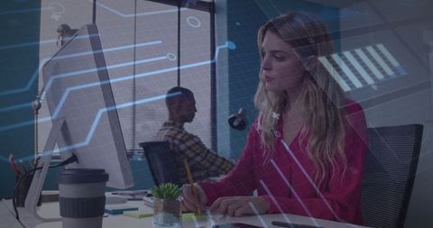 Wired for Success: Businesswoman Strategizing in Technological Office