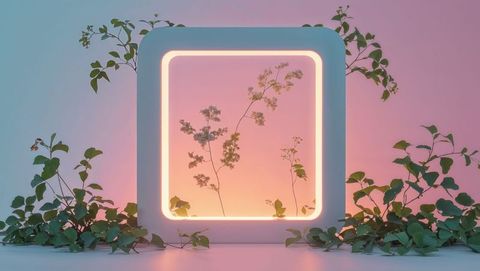 Illuminated square frame with green vines in modern minimalist setting