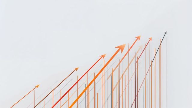 Ascending orange and red arrows rising on diagonal uptrend with layered bars for growth