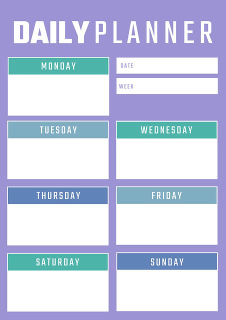 This colorful weekly planner template is ideal for organizing your week with ease. Each section is designated for a specific day of the week, with additional spaces for notes, date, and week to help with time management and productivity. The minimalist design makes it versatile for personal or professional use. Perfect for students, professionals, or anyone looking to boost their organizational skills.