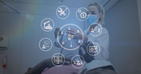 Clinician leaning over patient wearing mask and gloves with healthcare hud interface and data overla