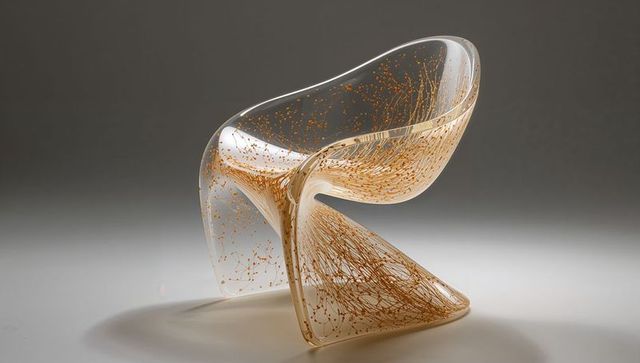 Transparent sculptural chair with gold filament veins, minimalist glass s-curve seat
