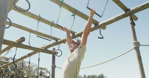 a male soldier demonstrates strength and agility by maneuvering on trapeze bars as part of an outdoor army obstacle course. surrounded by blue skies, it highlights robust physical training and determination. the sunlight emphasizes a sense of active, rigorous exercise, ideal for use in military training guides, physical fitness promotions, outdoor activity ads, or motivational and perseverance themes.