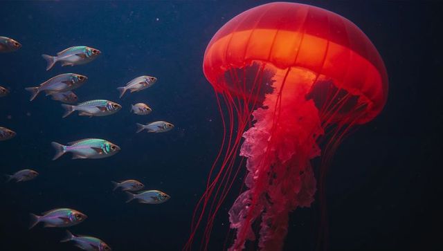 Ethereal Red Jellyfish with Iridescent Fish in Deep Sea
