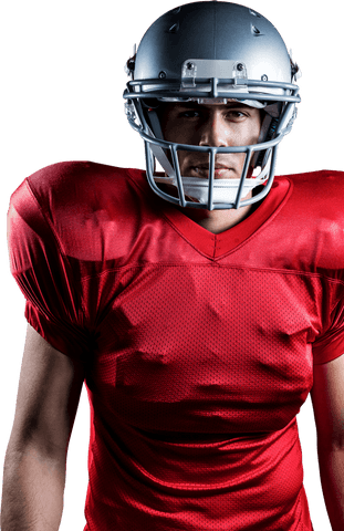 Transparent american football player in red uniform showing determination