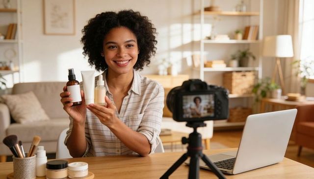 Beauty influencer recording skincare review with bottles on tripod in home studio