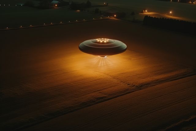 Lit ufo hovering above field at night, created using generative ai technology. Unidentified flying object, outer space and aliens concept digitally generated image.