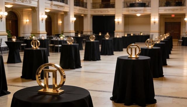 Luxury ballroom reception featuring gold circular centerpieces on black draped tables
