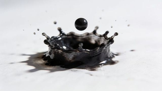 Forming black droplet crown splash on white surface showcasing glossy viscous macro detail