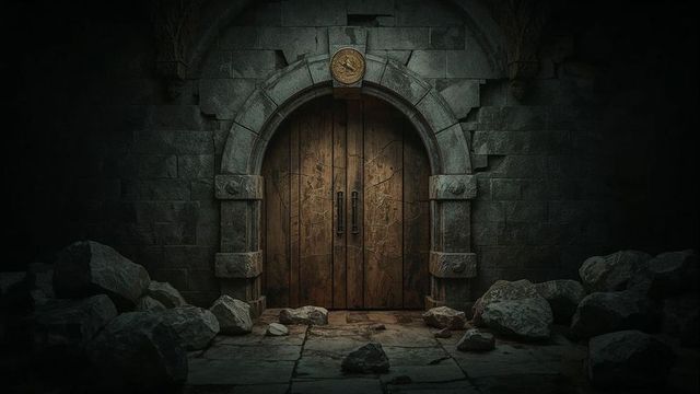 Ancient stone fortress doors with metal handles and rubble