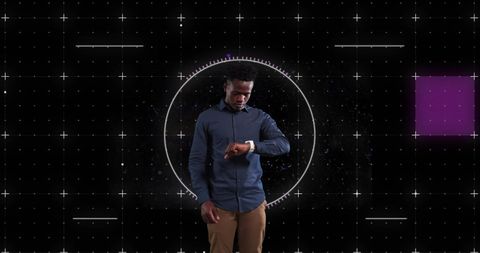 Businessman Monitoring Time Surrounded by Digital Interface