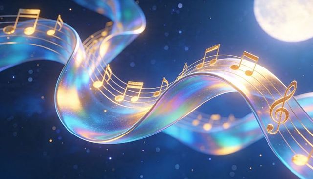 Flowing Iridescent Musical Ribbon Carrying Golden Notes Across Celestial Night Sky