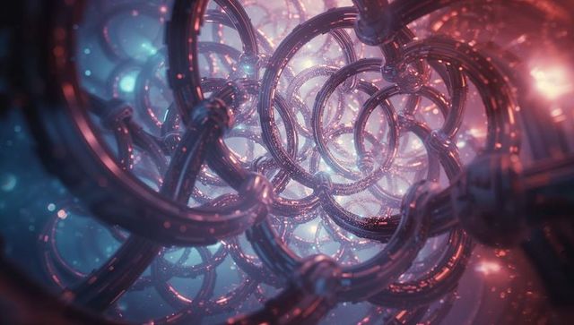 Shining metallic rings tunnel with glowing particles