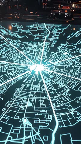 Vertical holographic city grid pulsing with data streams on futuristic control panel