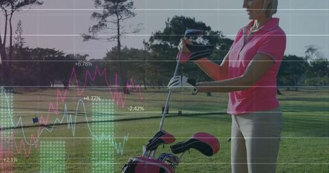 Golfer Analyzing Data Trends on Fairway with Clubs