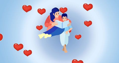 Family embracing among loving heart symbols