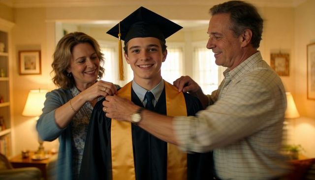 Parents adjusting teen graduate's gold stole and mortarboard in cozy home celebration