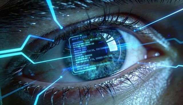 Human eye reflecting holographic ar interface, cyan hud lines and data code overlay