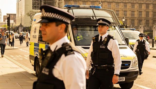 Uk police officers patrolling street outside gothic parliament building with marked vans