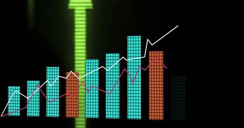 Neon data visualization showing rising bar chart with dual line trends and glowing arrow