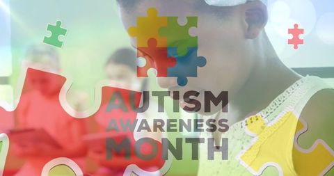 Autism awareness month celebration with schoolchildren and puzzle graphics
