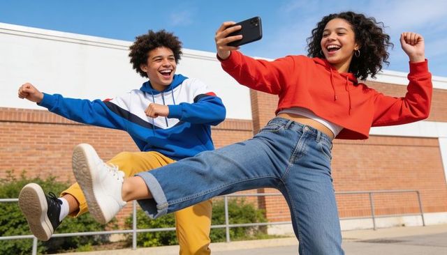 Teen friends taking energetic selfie while jumping outside brick building in casual hoodies