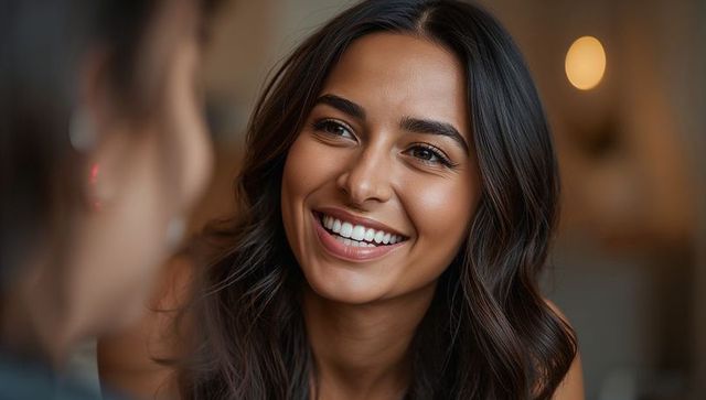 Smiling woman with olive skin and wavy hair enjoying intimate conversation in cozy cafe