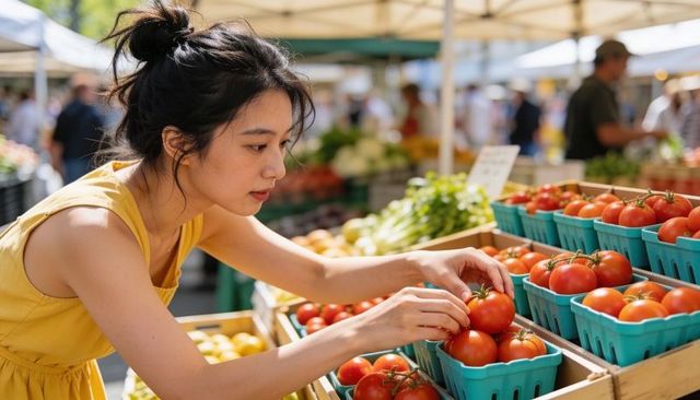 Selecting ripe tomatoes at outdoor farmers market, woman inspecting fresh produce display