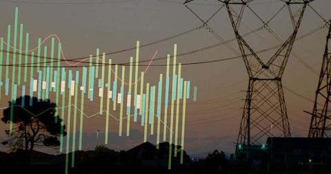 High-voltage pylons looming at dusk with digital energy data overlay for smart grid analytics