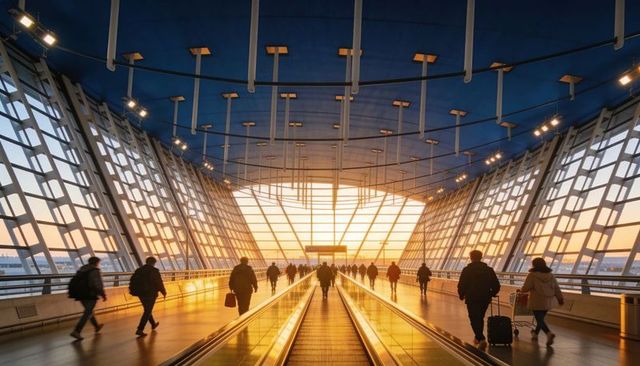 Golden sunset commuters walking on moving walkways inside futuristic airport concourse