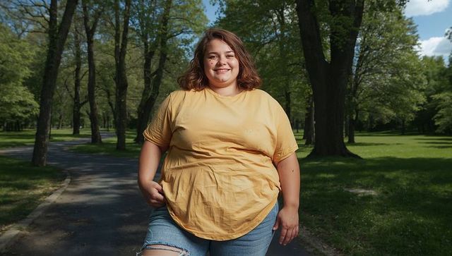 Smiling curvy woman walking on sunlit park path wearing yellow t-shirt and ripped shorts