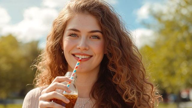Young woman with curly hair sipping iced coffee in park