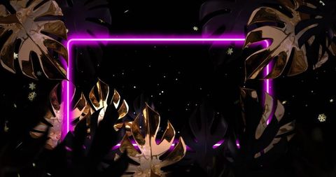 Neon magenta rectangular frame with metallic gold monstera leaves and cosmic sparkles
