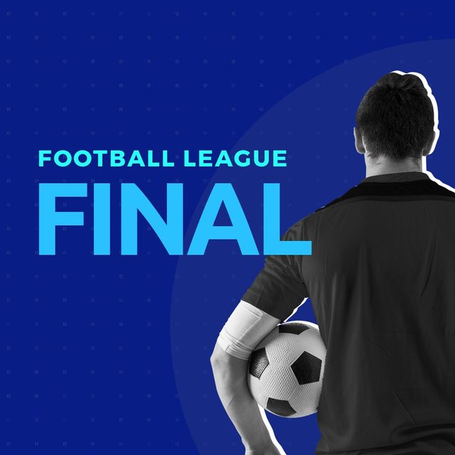 Football league final text by caucasian male football player playing with ball over blue background. digital composite, sport, copy space, athleticism, football, competition.