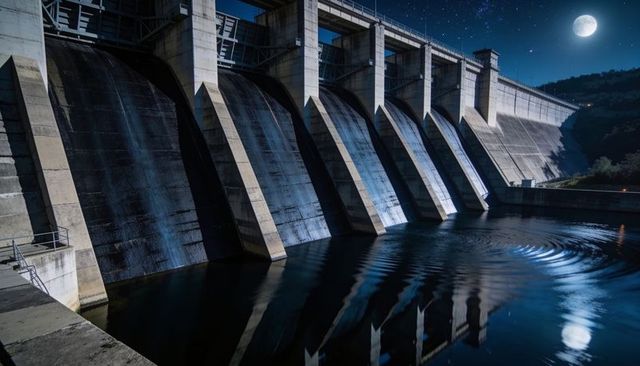 Moonlit concrete dam and spillway at night with reflective reservoir ripple and stars