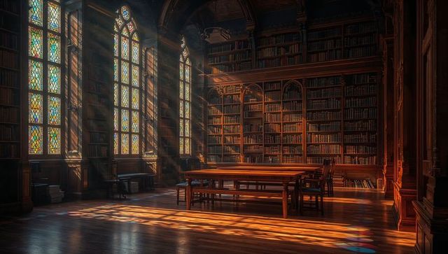Historic Library Interior with Stained-Glass Sunbeams, Ornate Shelves and Long Wooden Reading Table
