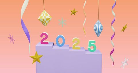 Colorful 2025 Display with Festive Decorations on Pink Background