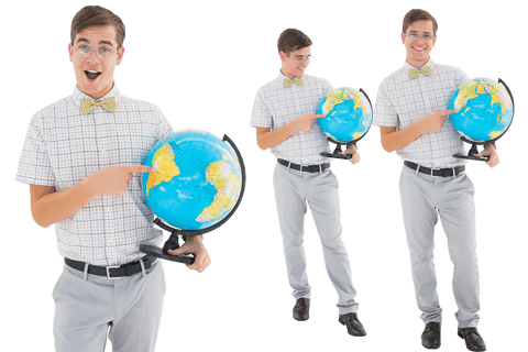 Caucasian men with globes transparent background for education themes