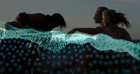 Five Women Leaning and Supporting on Beach Dusk Wearing Activewear Turquoise Wave Overlay