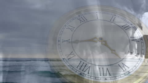 Surreal Montage of Clock and Ocean Waves with Overlay of People