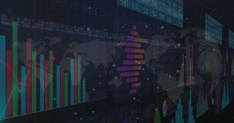 Displaying Global Analytics Dashboard with Neon Bar Charts, Dotted World Map, Tickers