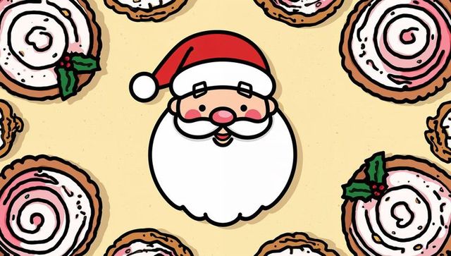 Playful santa head surrounded by holly-topped pastries pattern on beige festive background