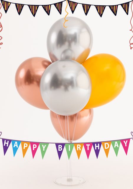 Use for creating birthday invitations, party announcements, and festive decoration templates. Perfect for social media posts, cards, and banners celebrating birthdays. Adds a cheerful and celebratory vibe with colorful bunting and balloons.