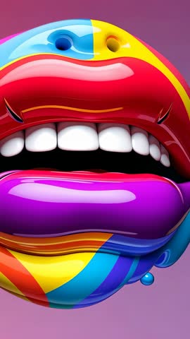 Rotating 3D Glossy Rainbow Lips on Pink Backdrop with Shifting Paint Droplet Vertical Loop