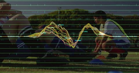 Athletic Preparation on Soccer Field with Overlaid Data Visualization