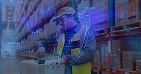 Warehouse worker securing box with digital security overlay