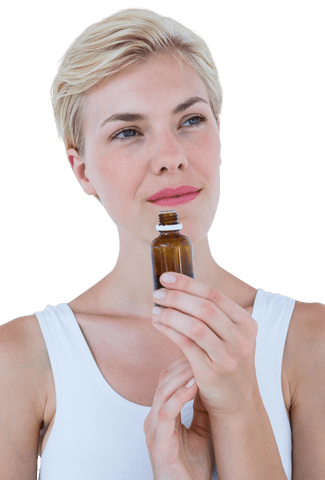 Woman Closing Her Eyes While Smelling Fragrance in Transparent Background