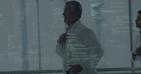 Senior physician walking with stethoscope and digital code overlay for healthcare data