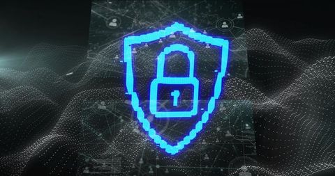 Neon Pixel Shield Protecting Virtual Network Padlock Icon for Cybersecurity Encryption
