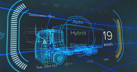 Futuristic Digital Dashboard with Wireframe Truck and HUD Navigation